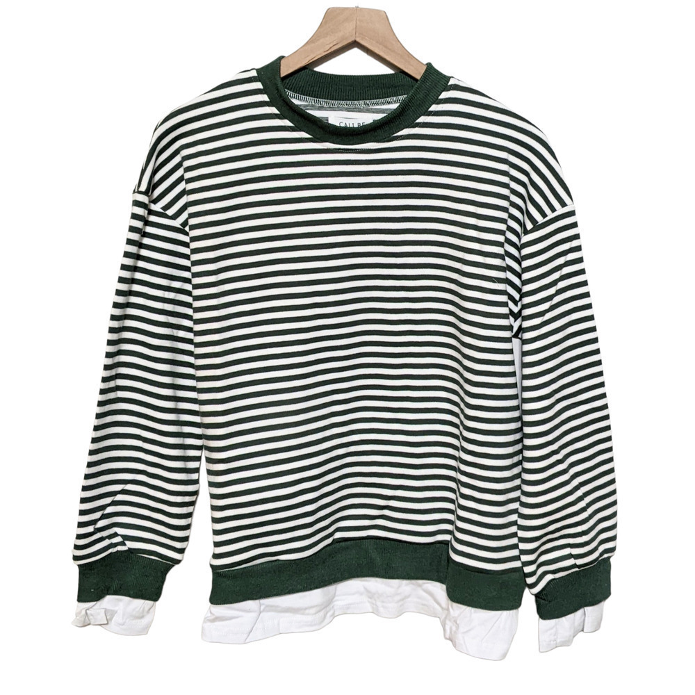 Cali Be Womens Striped Oversized Layered Sweatshirt Size M Green White Top NWT